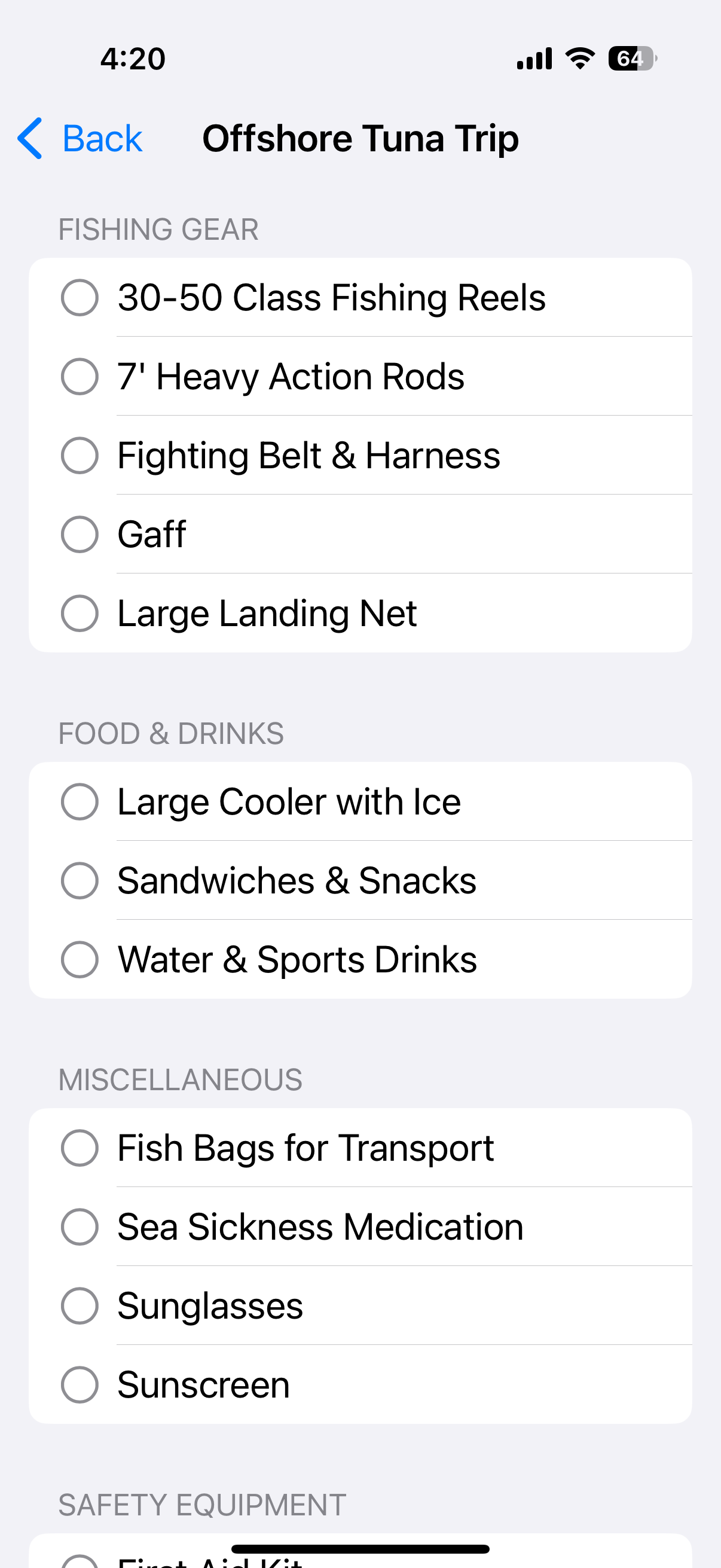 Plan fishing trip - checklists